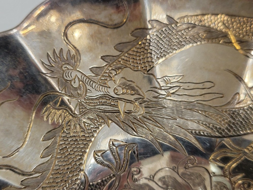 ANTIQUE CHINESE STERLING SILVER DISH ON STAND
