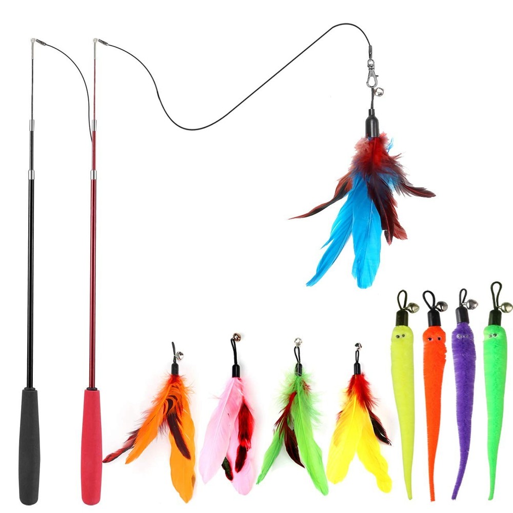 Interactive Cat Toy Set - 2 Retractable Wands & 9 Feather Refills for Indoor Cat
