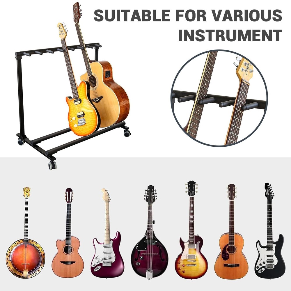 GRAVEE Multi Guitar Stand Rack with Wheels 7 Holders Foldable Display XL Pro