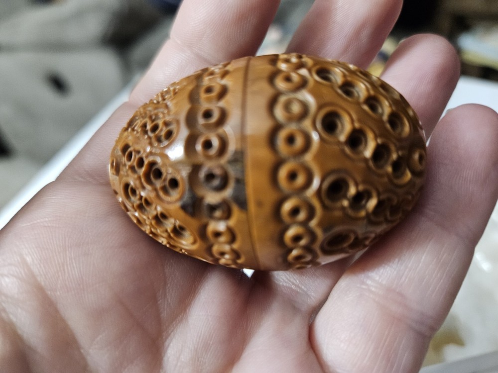 Old SEWING Needle, Thimble, Pin Holder EGG SHAPE CARVED