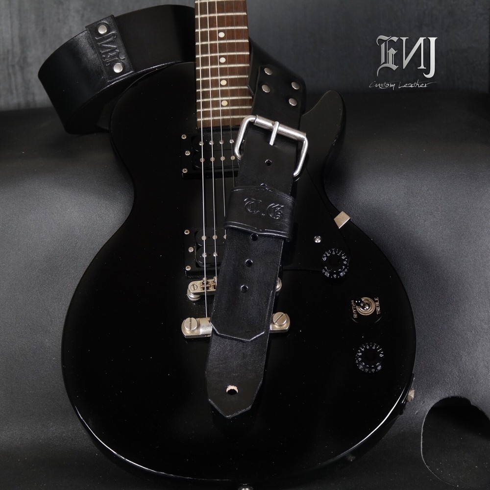 Personalized Leather Guitar Strap. Buckle & Studs design. BLACK