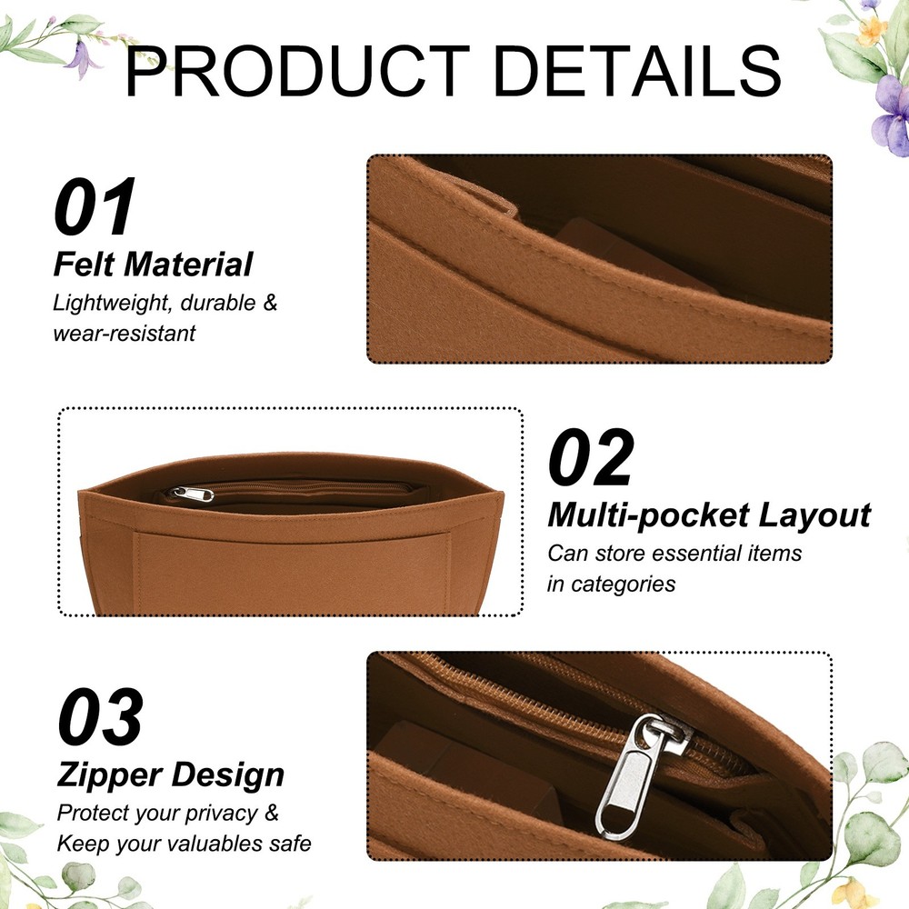 Purse Organizer Insert, Medium Felt Handbag Organizer with Zipper, Brown
