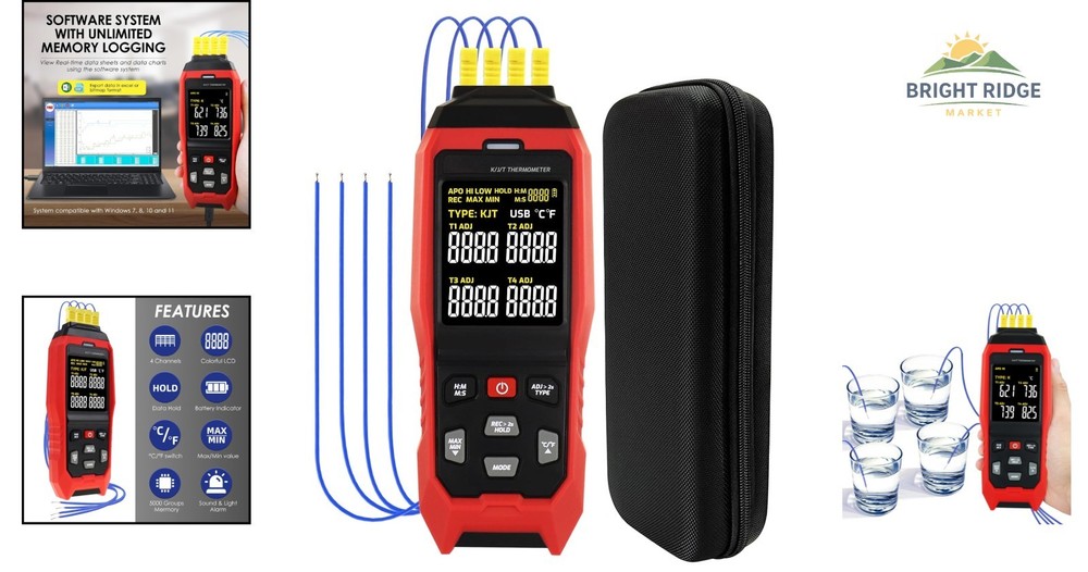 4-Channel Thermocouple Thermometer with USB Data Logging and Alarm Feature