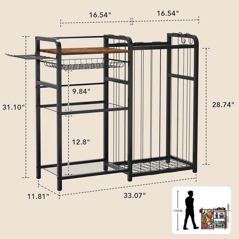 Sports Ball Storage Rack W/ Pull-Out Basket Multi-Function Hooks Organizer Black