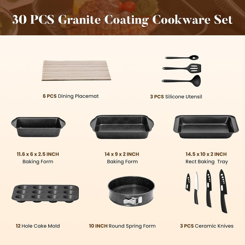 Kitchen Induction Cookware & Bakeware Set - 30 Piece Black Granite Cooking Pa...