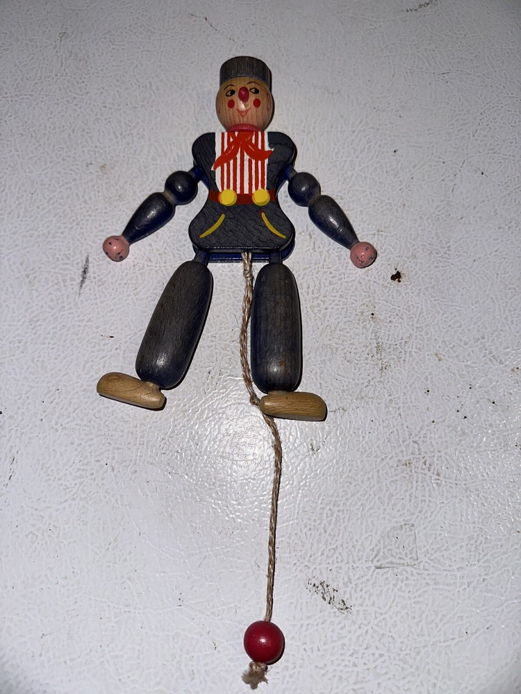Vintage Austrian Wood Dancing Toy Pull String 8” Folk Art Ornament EUC