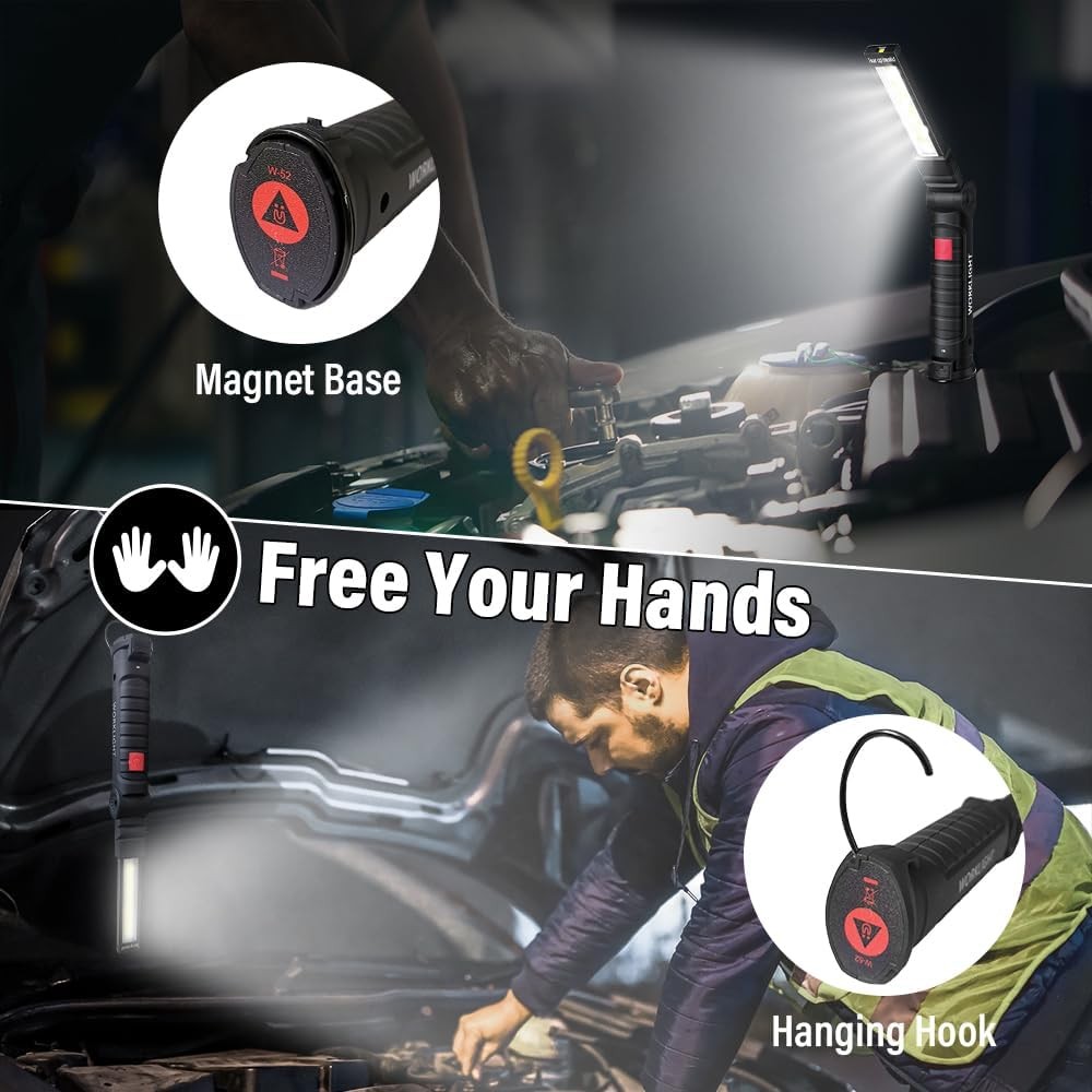 2 Pack Magnetic Base LED COB Work Light Rechargeable Mechanic Torch Flashlight