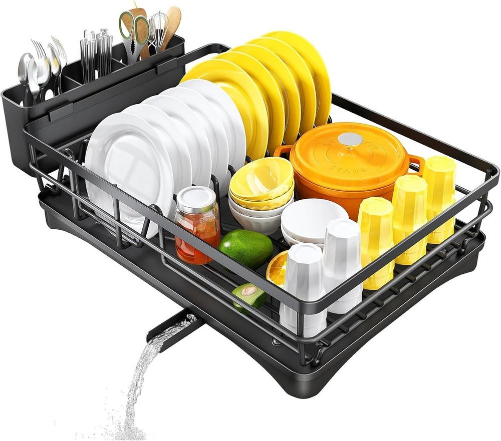 Dish Drying Rack Black - Large Dish Drainer Rack with Removable Utensil Holder
