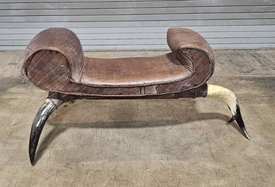 Western Style Leather and Horn Foot Rectangular Ottoman Bench Footstool