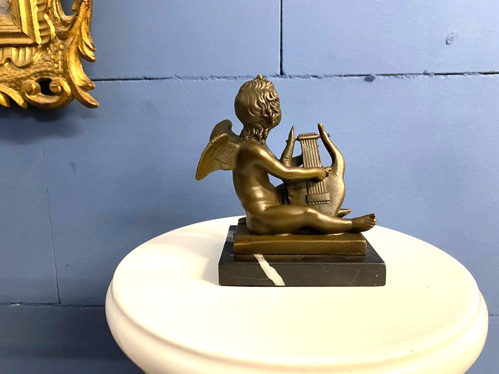 Bronze Sculpture Lyre Playing Putto on Marble Base after Milo