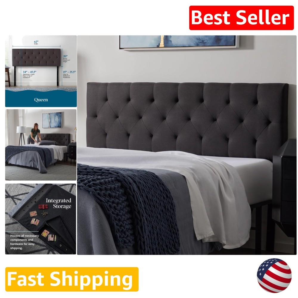 Queen Charcoal Diamond Tufted Headboard - Adjustable Padded Polyester - Easy ...