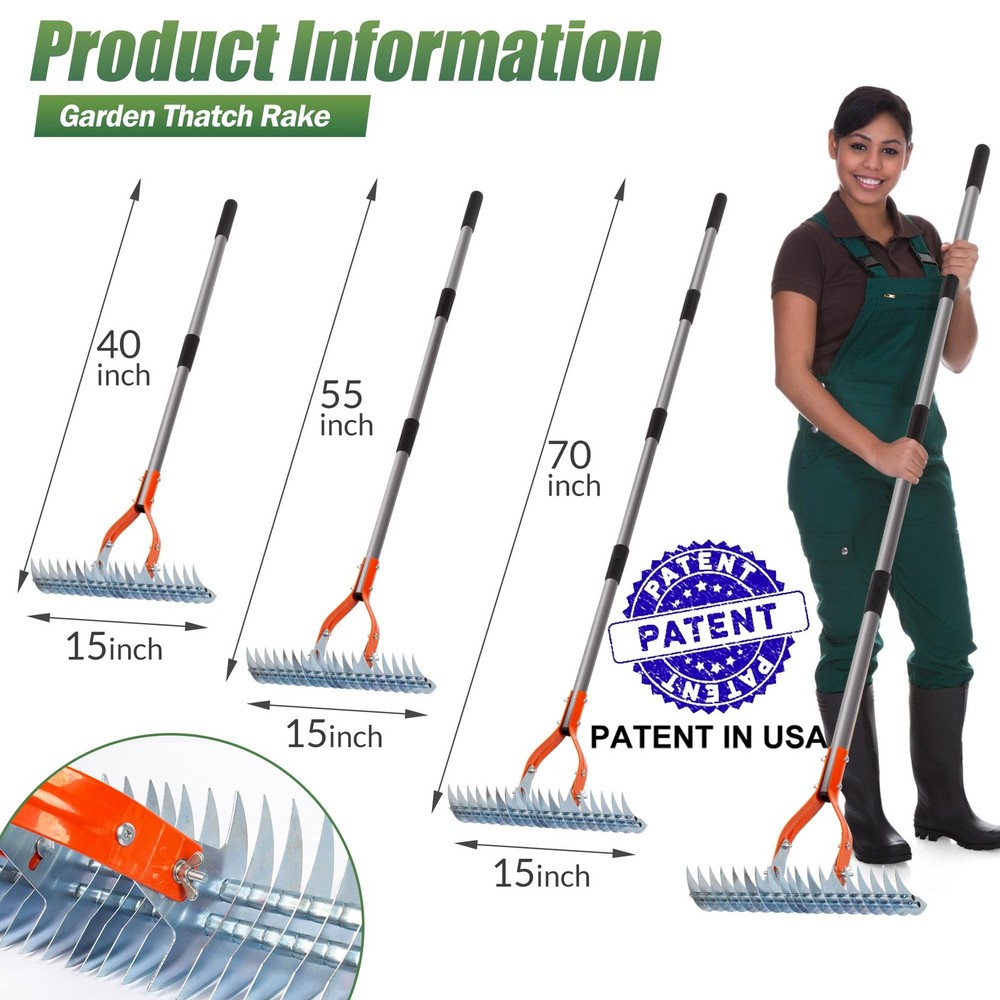 Thatch Rake, 15-Inch Lawn Thatching Rake, Robust Dethatcher Rake, Efficient S...