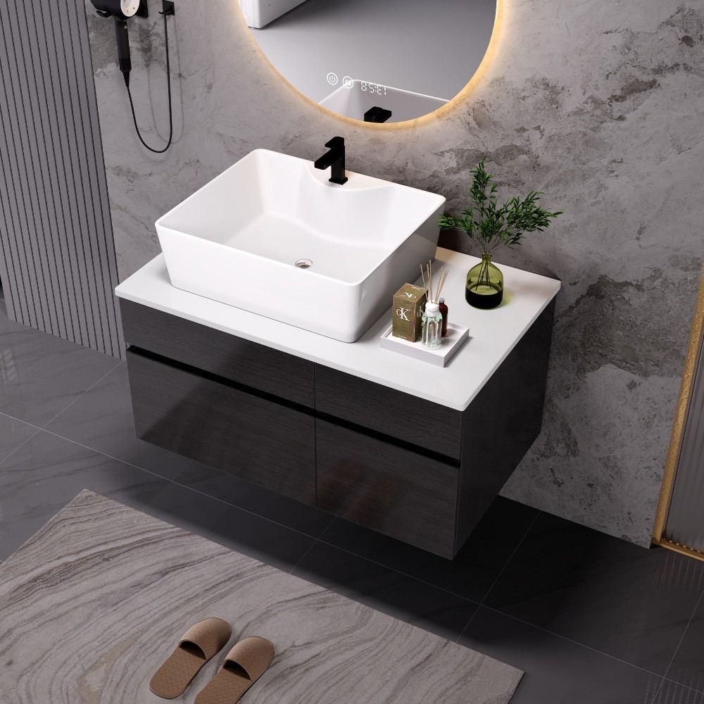 31.5" Floating Bathroom Vanity w/ Sink - Modern Black/White