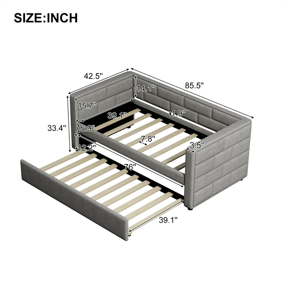 Twin Size Daybed with Pull Out Trundle Bed Upholstered Bed Frame Sofa Bed US