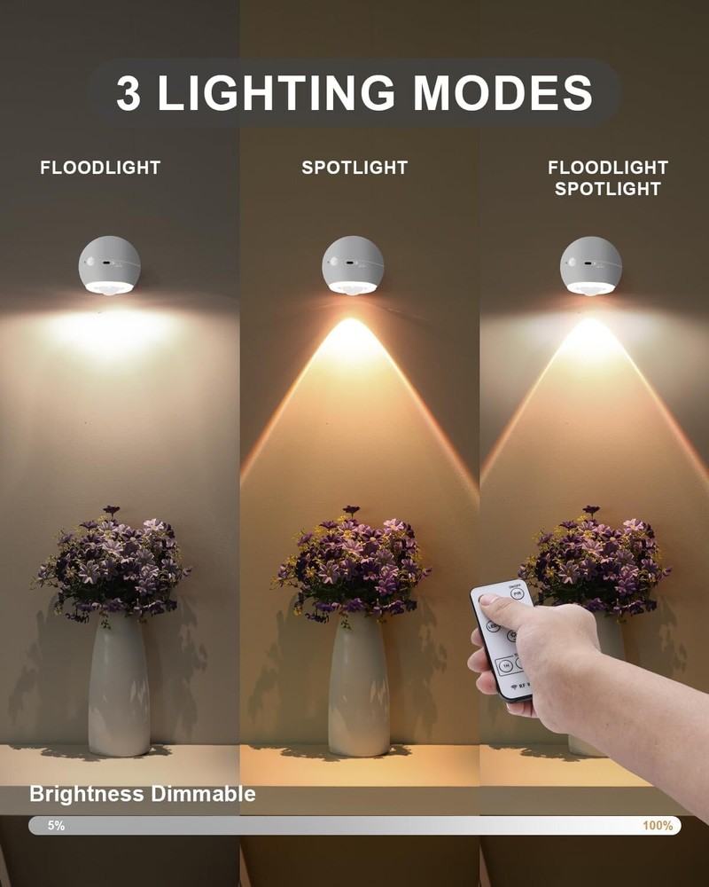 2 Pcs LED Wall Sconce, Battery Operated, 3 Modes, Motion Sensor, Wireless Lamp