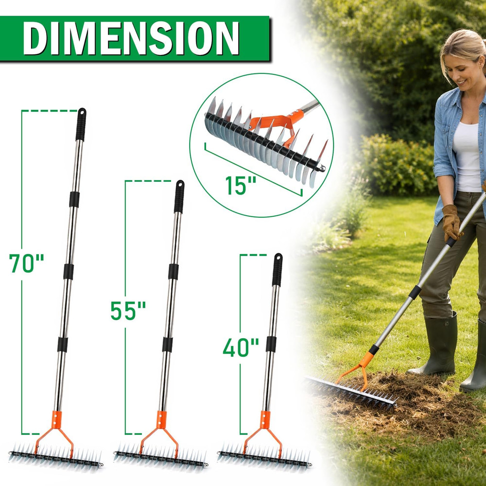 Thatch Rake for Lawn, 15'' Wide Thatcher Rake with 40-70'' Adjustable Handle, 3-