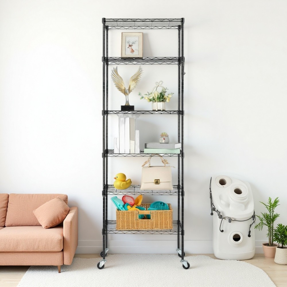 6-Tier Rolling Wire Shelving Unit - Heavy Duty, Adjustable, Modular & Black