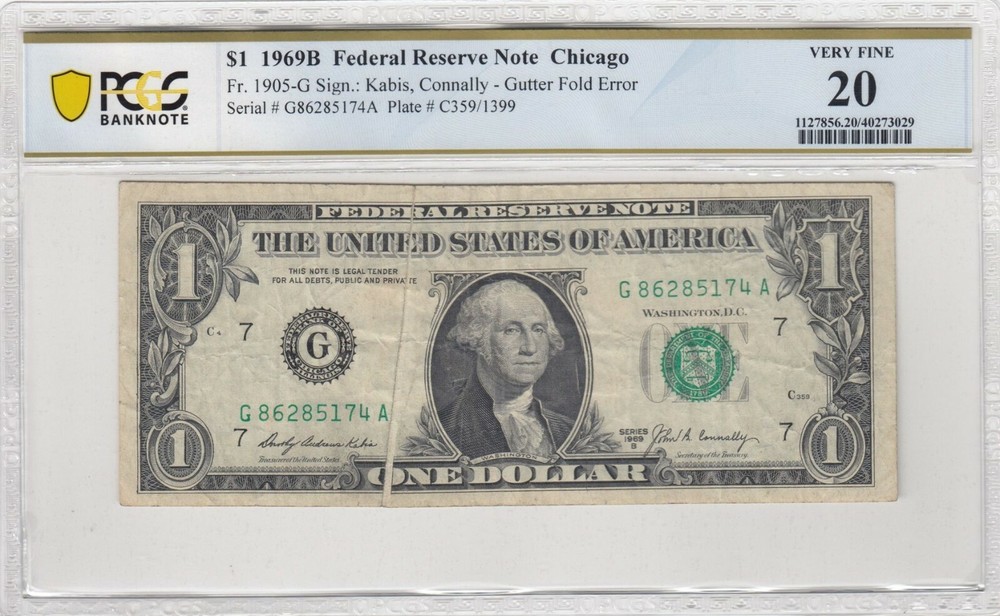 $1 *ERROR NOTE* 1969B Federal Reserve Note Fr.1905-G PCGS 20 VERY FINE