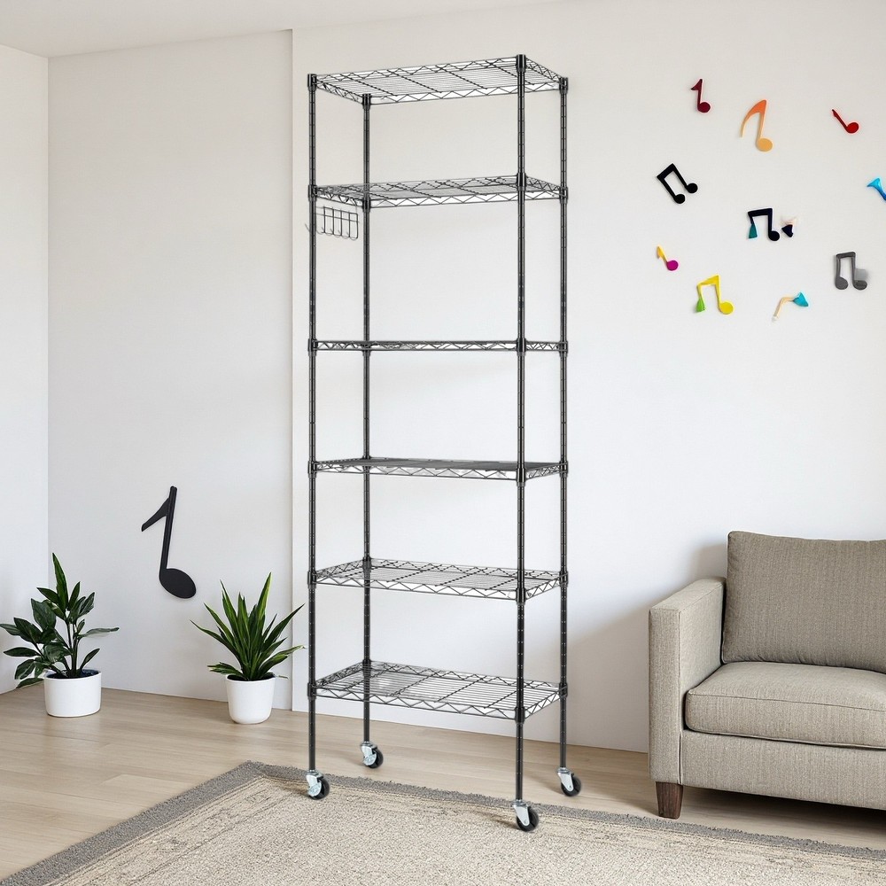 6-Tier Rolling Wire Shelving Unit - Heavy Duty, Adjustable, Modular & Black