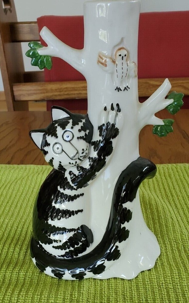 Kliban Cat & Owl Ceramic Tree Bud Vase 8"