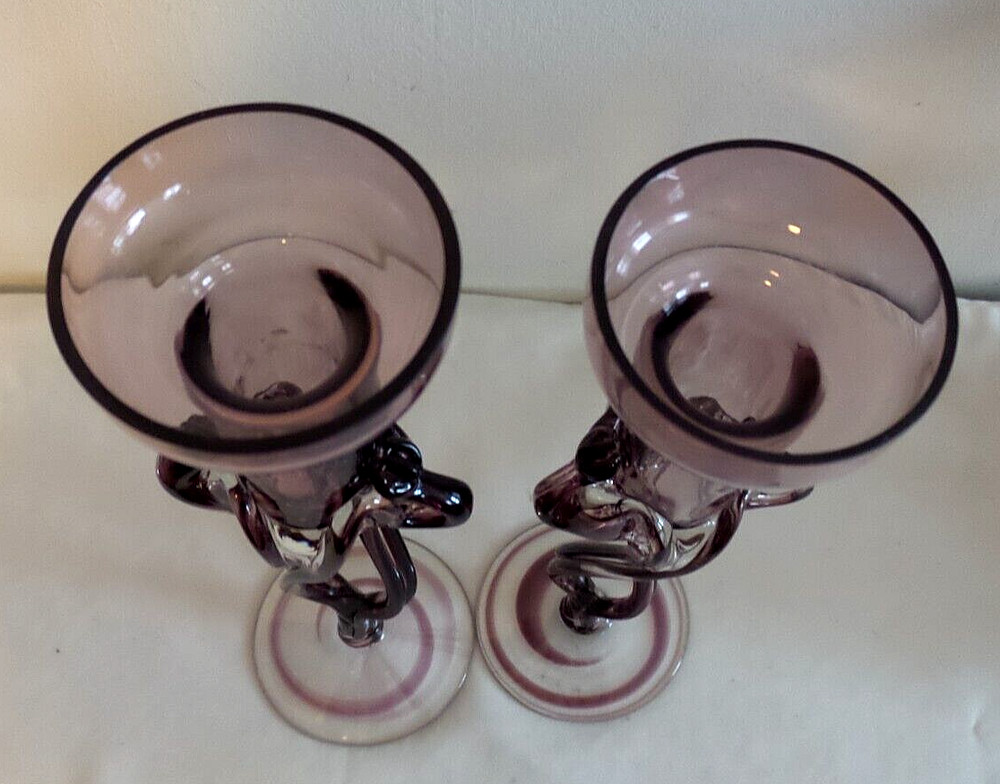 TWO MODEREST AMETHYST ART GLASS CANDLESTICKS SWIRL PATTERN WITH TWISTED DESIGN