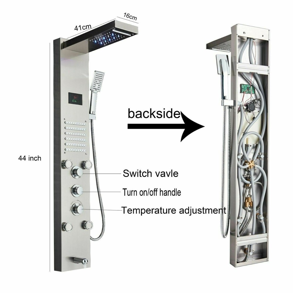 Shower Panel Tower System Brushed LED Rainfall Waterfall Massage Jets Body Tap