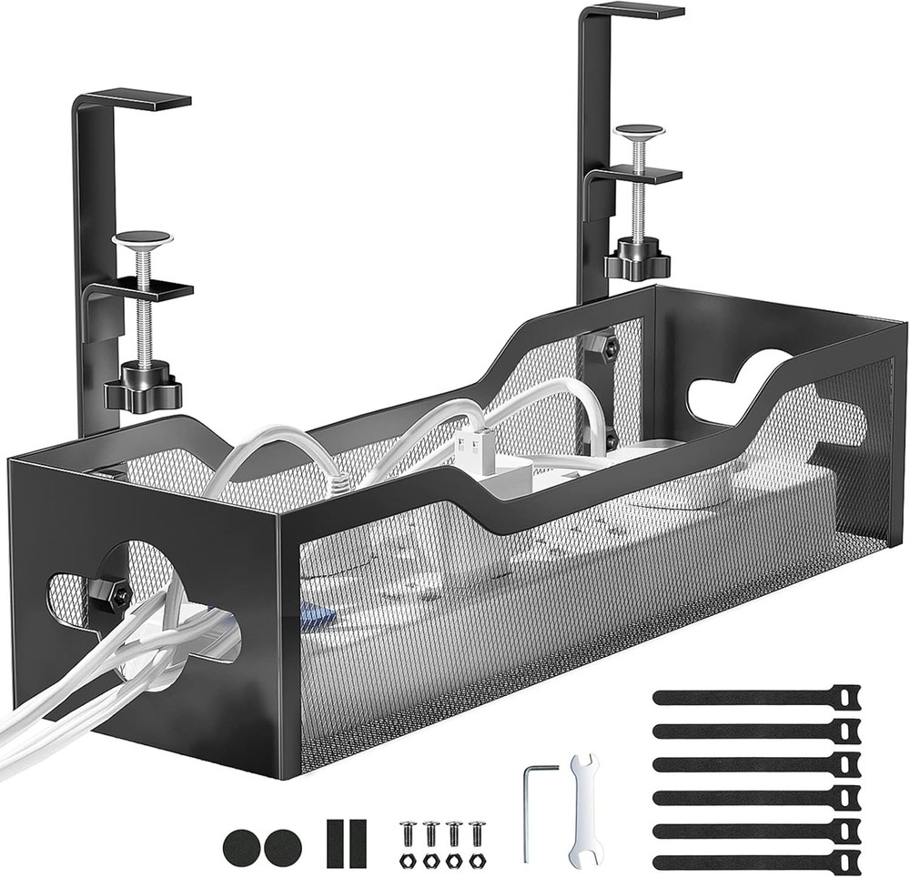 Space-Saving Metal Wire Management Tray for Desks - Easy Clamp Mount System