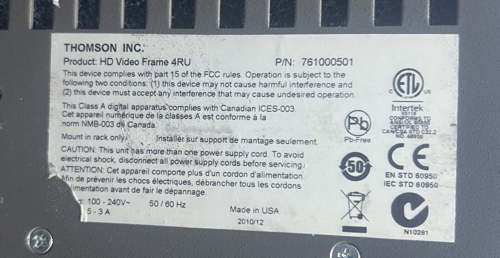 Grass Valley Kayak HD Digital Switch Video Frame ~ Rack Mountable