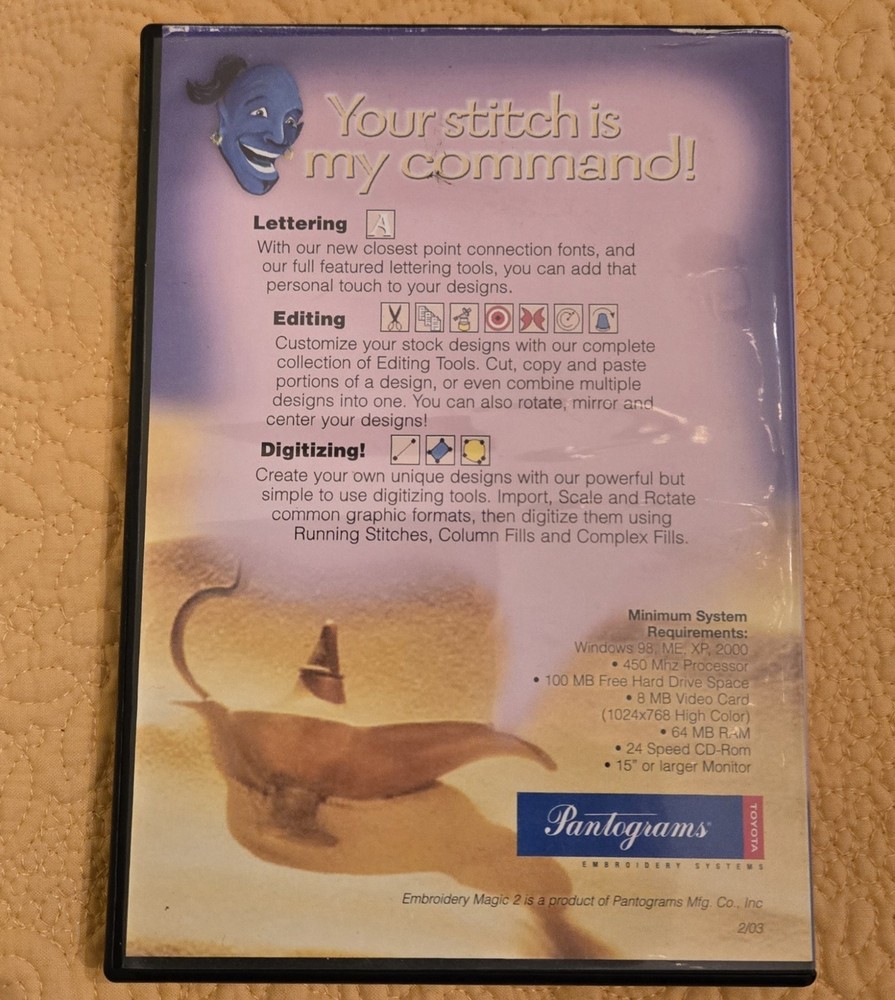 Embroidery Magic 2 CD-ROM Lettering Editing Digitizing Software Pantograms 2003
