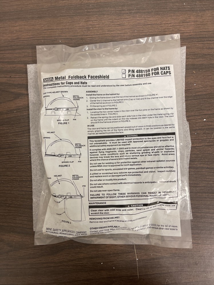 MSA P/N 488159 Face shield Hat Frame Defender