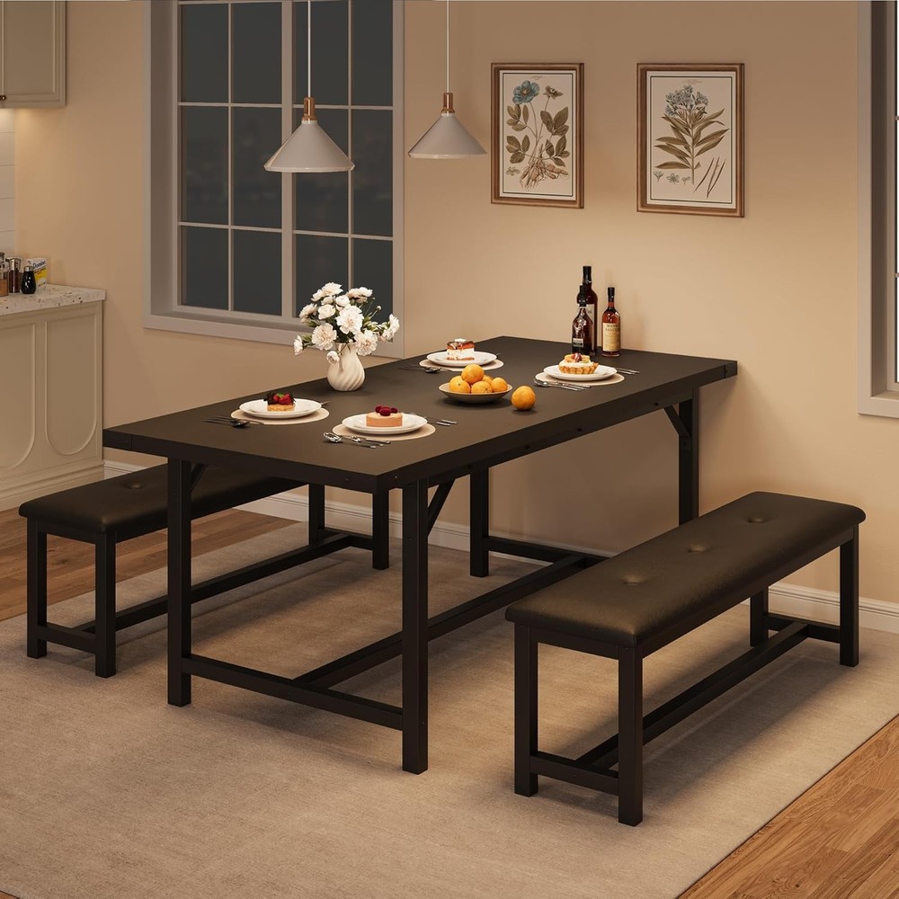 63 in Extendable Dining Table Set for 4-6 People 3-Piece Kitchen Table Set Black