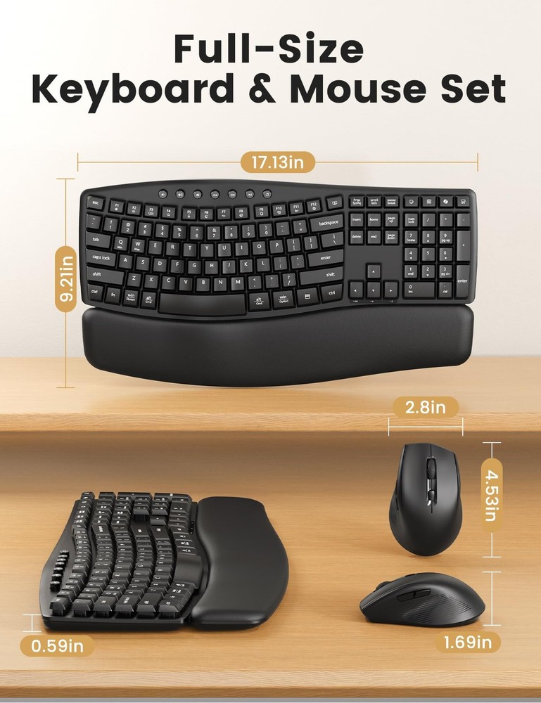 Wireless Keyboard and Mouse Combo, MA41 30dB Quiet Ergonomic Wave Keyboard Se...