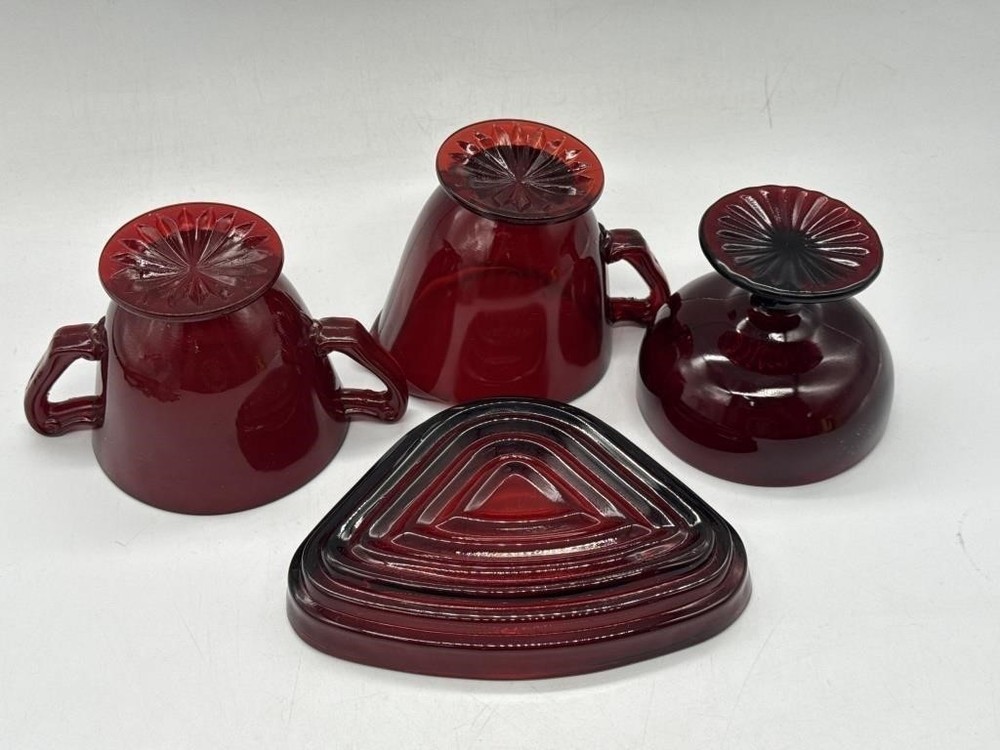Vintage Anchor Hocking Ruby Red Glass Set Starburst Base Scroll