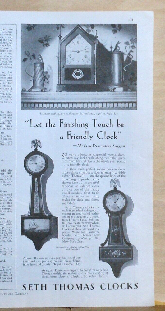 1929 magazine ad for Seth Thomas Clocks - Ramsgate, Danvers, Sharon models