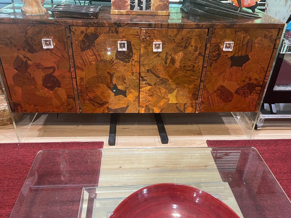 Milo Baughman for Thayer Coggin hammered patchwork copper lucite sideboard