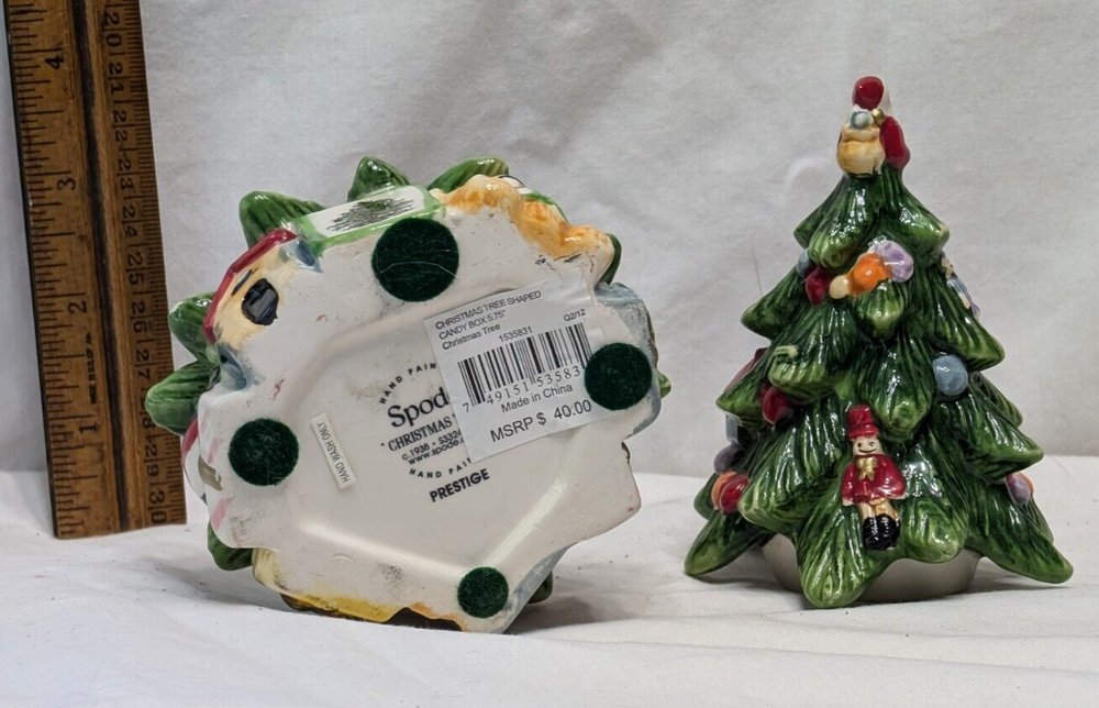2 pc. 7" Spode Ceramic Decorated Xmas Tree Candy Box Hand Painted in Nice Con.