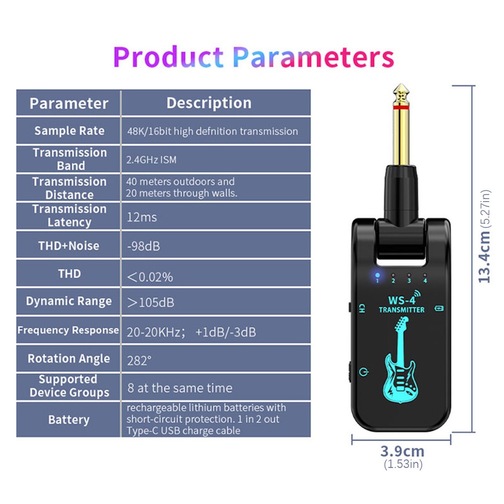 2.4GHz Wireless Guitar System Transmitter Receiver Rechargeable LED Display 40m*