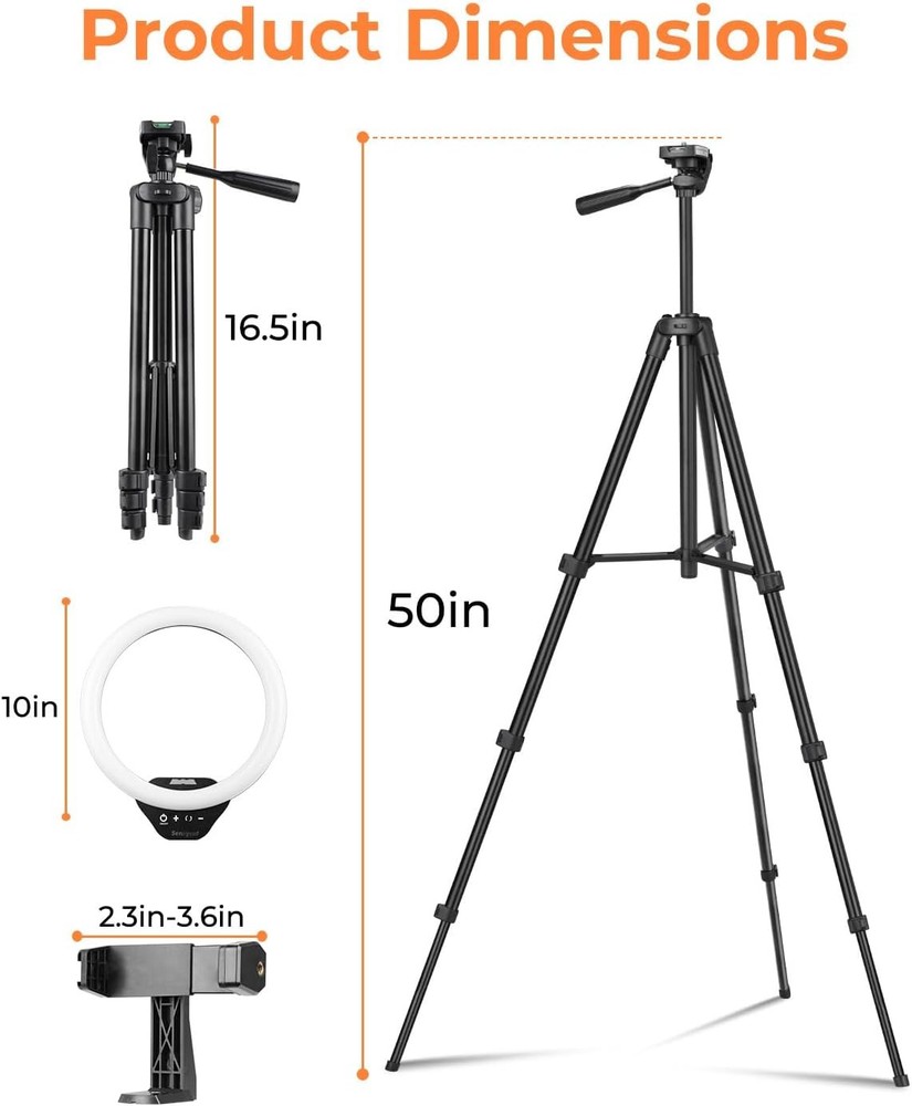 Sensyne 10'' Ring Light with 50'' Extendable Tripod Stand, LED Circle Lights wit
