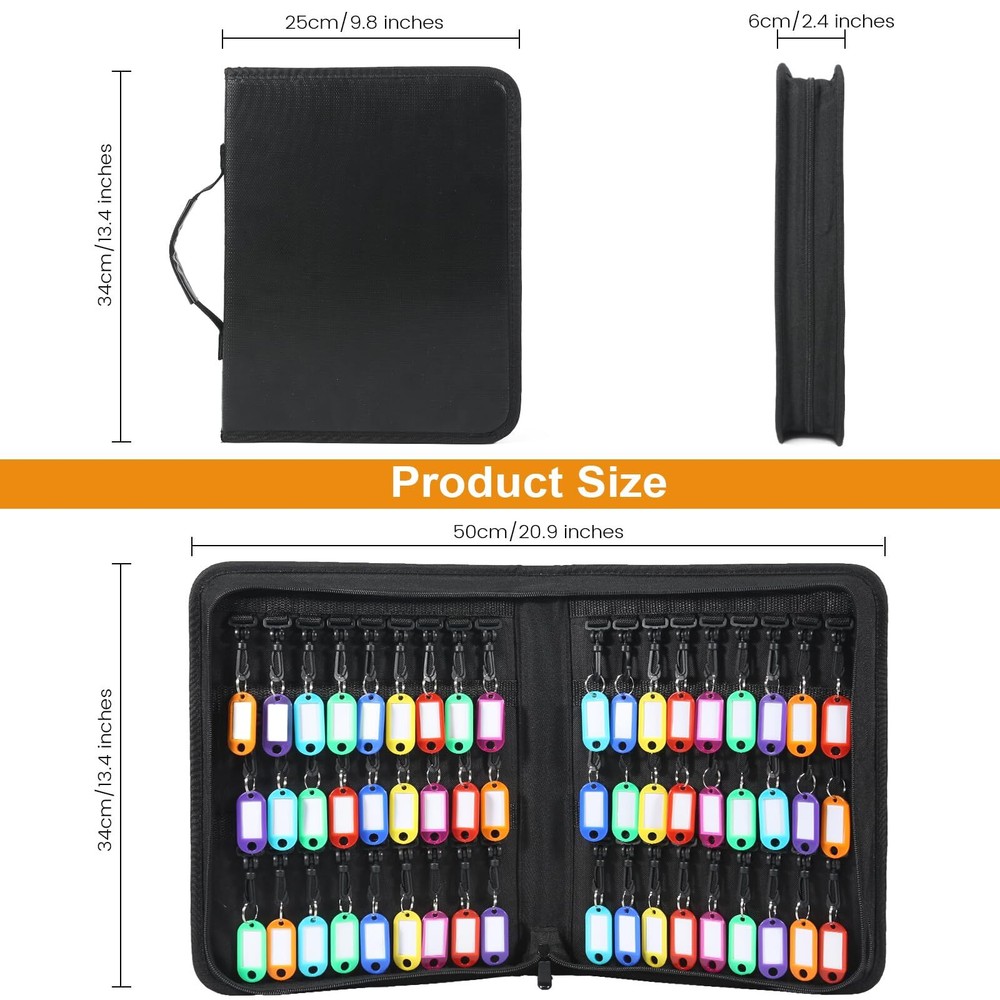 Zippered Key Case Organizer with 54 Hooks Waterproof & Fireproof