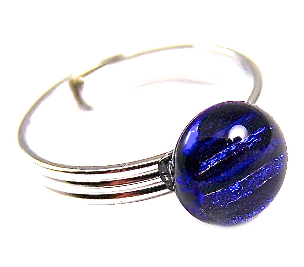 Dichroic Glass Ring Adjustable Cobalt Blue Sapphire Striped Dot Tiny 1/4" 8mm