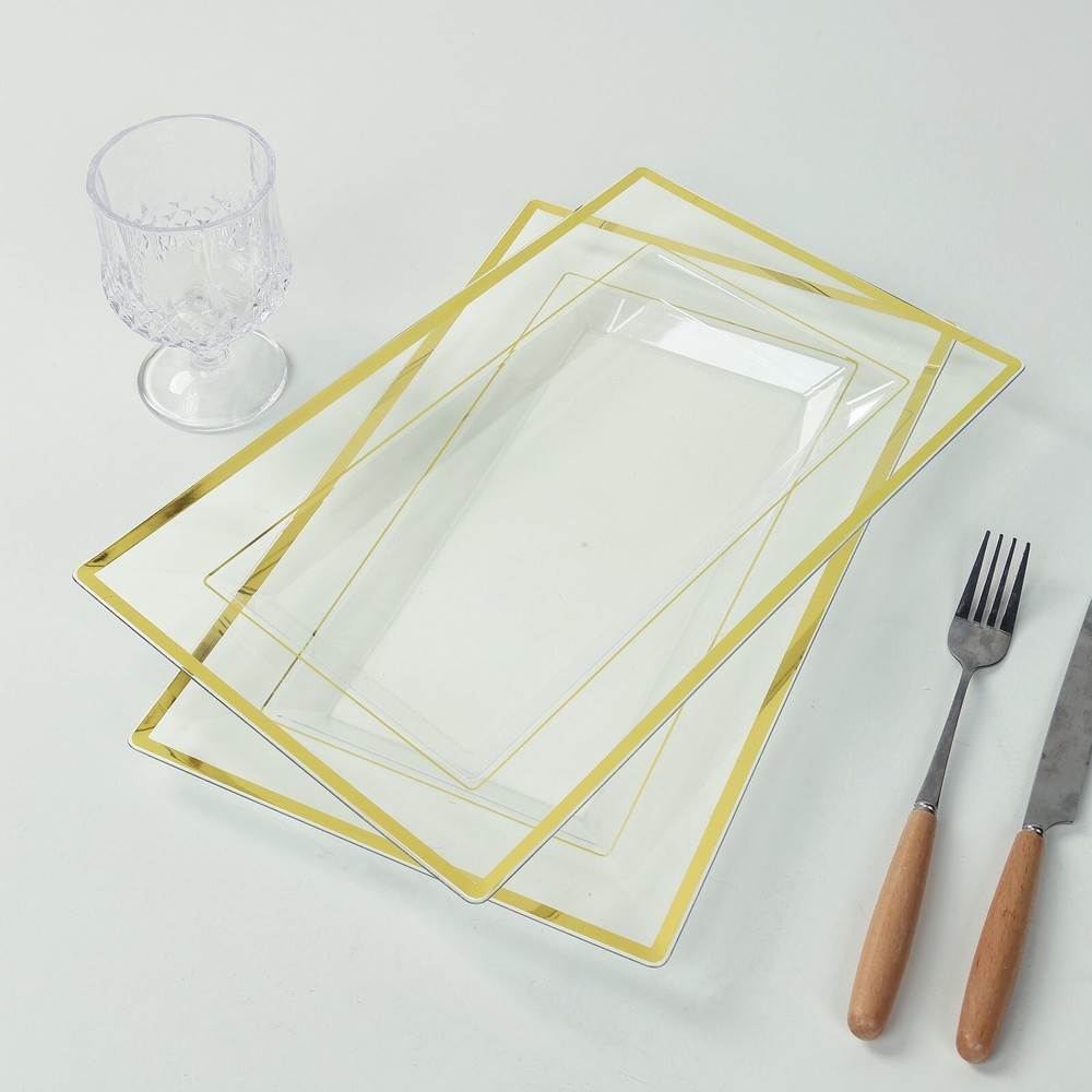 10 Clear Rectangular Plastic Serving Trays with Gold Rim Party Decorations