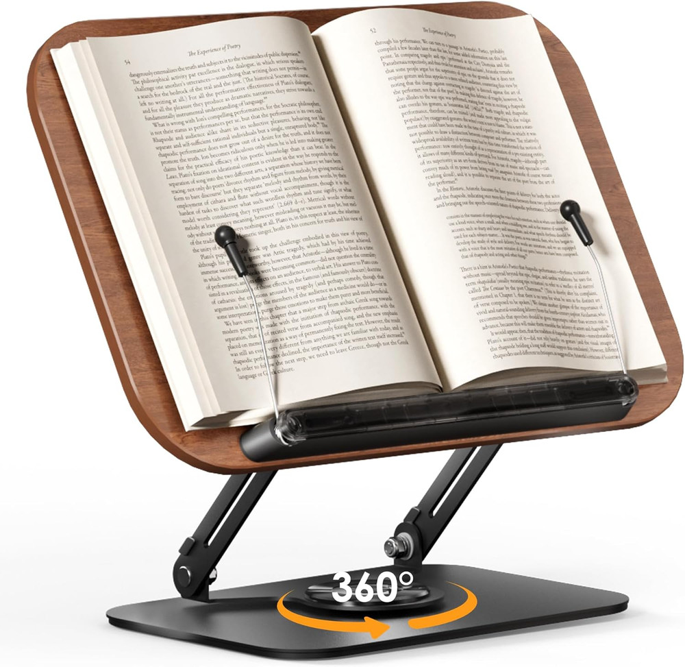 Book Stand for Reading, Adjustable Book Holder with 360° Rotating Bases, Foldabl
