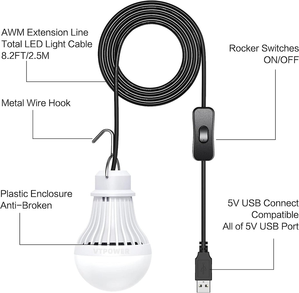 2 Pack USB Light Bulb, USB LED Camping Light Lantern, 8.2 ft Extra Length Cor...
