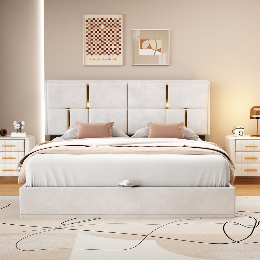 Queen Size Upholstered Platform Bed Frame with Hydraulic Storage System