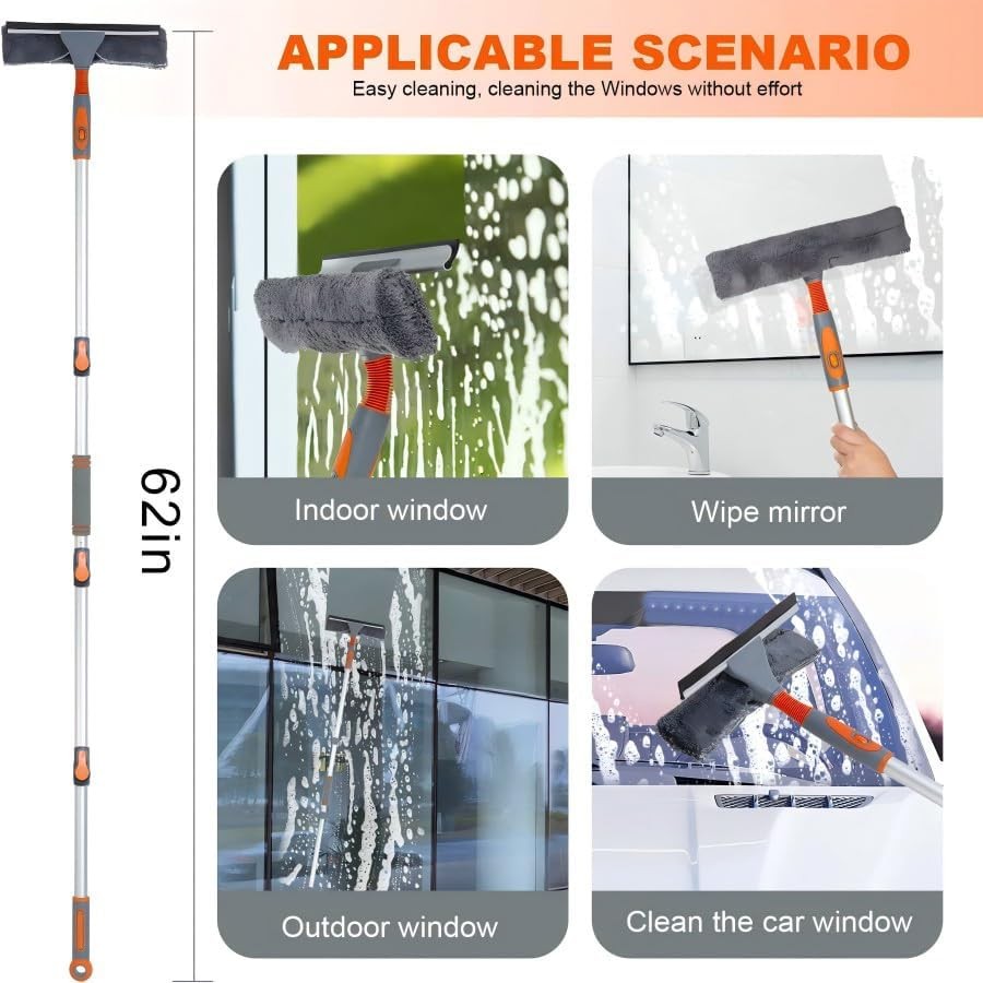 Window & Solar Panel Cleaning Tools, 2-in-1 Squeegee w/ 62" Telescopic Pole