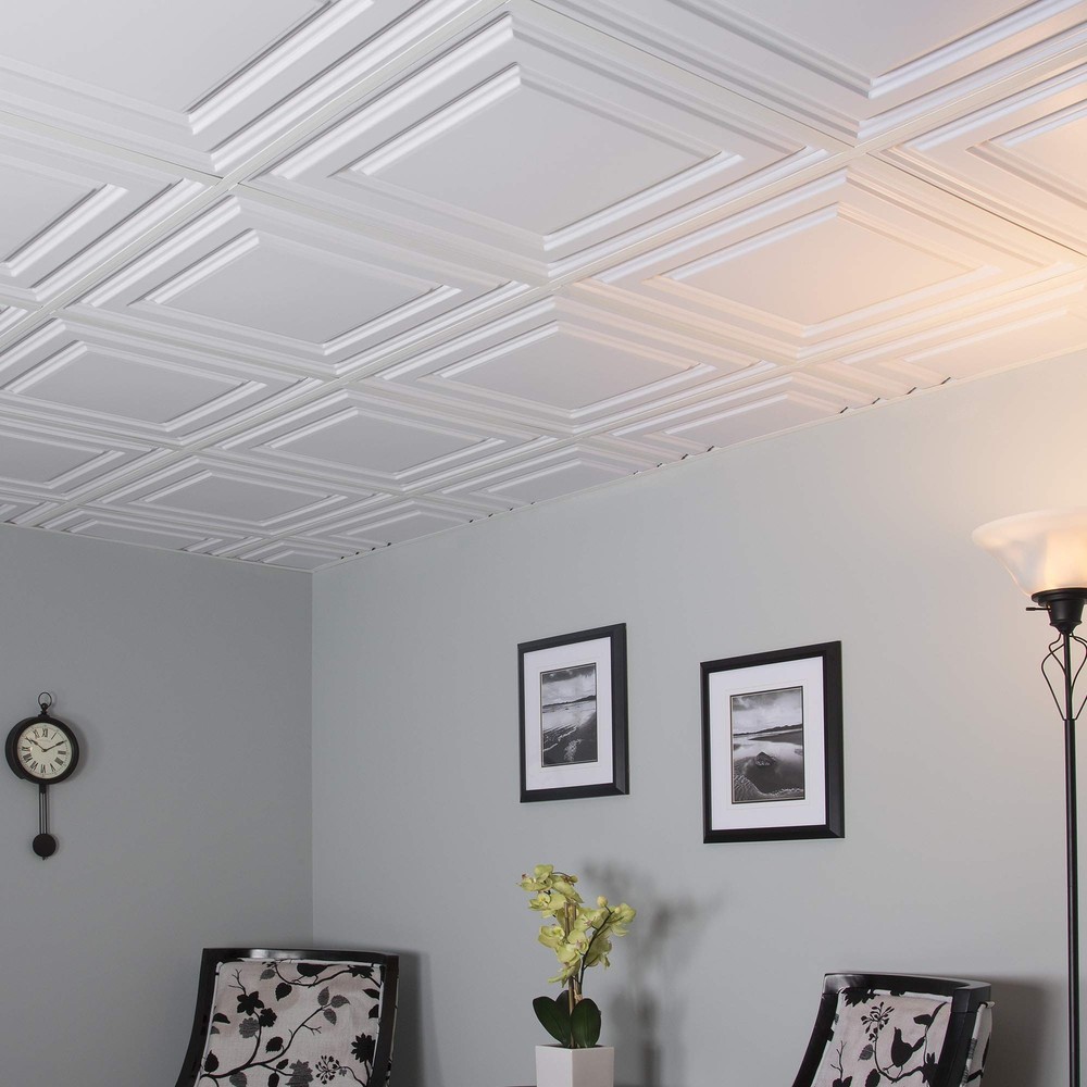 Genesis 2ft x 2ft White Icon Relief Ceiling Tiles Easy DropIn Installation