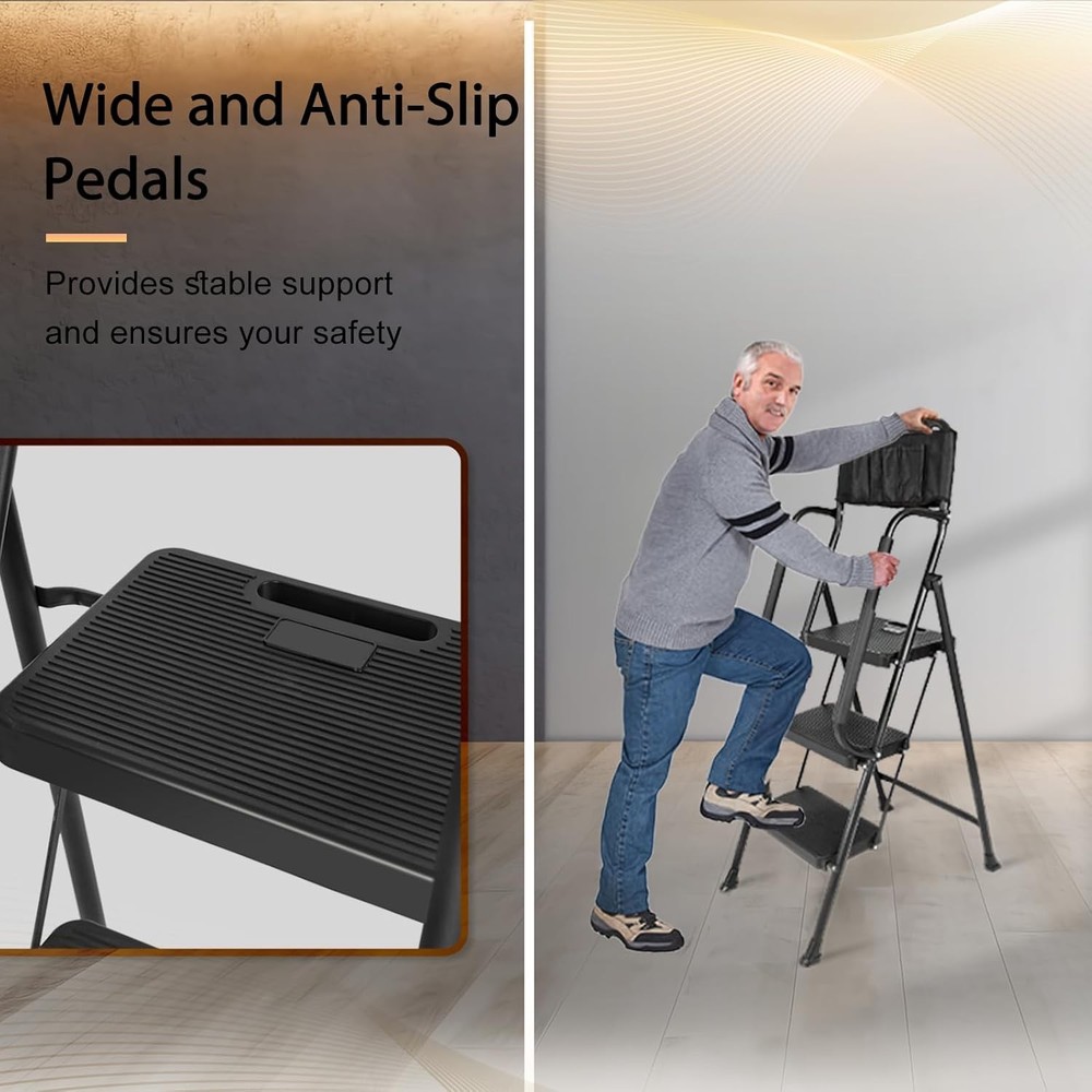 3 Step stool Ladder with Handrails 500 lbs folding Attachable Tool Black