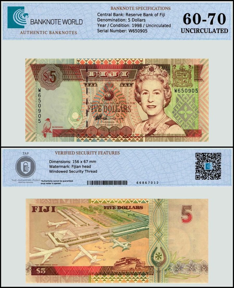 Fiji 5 Dollars, 1998 ND, P-101b, UNC, Authenticated Banknote