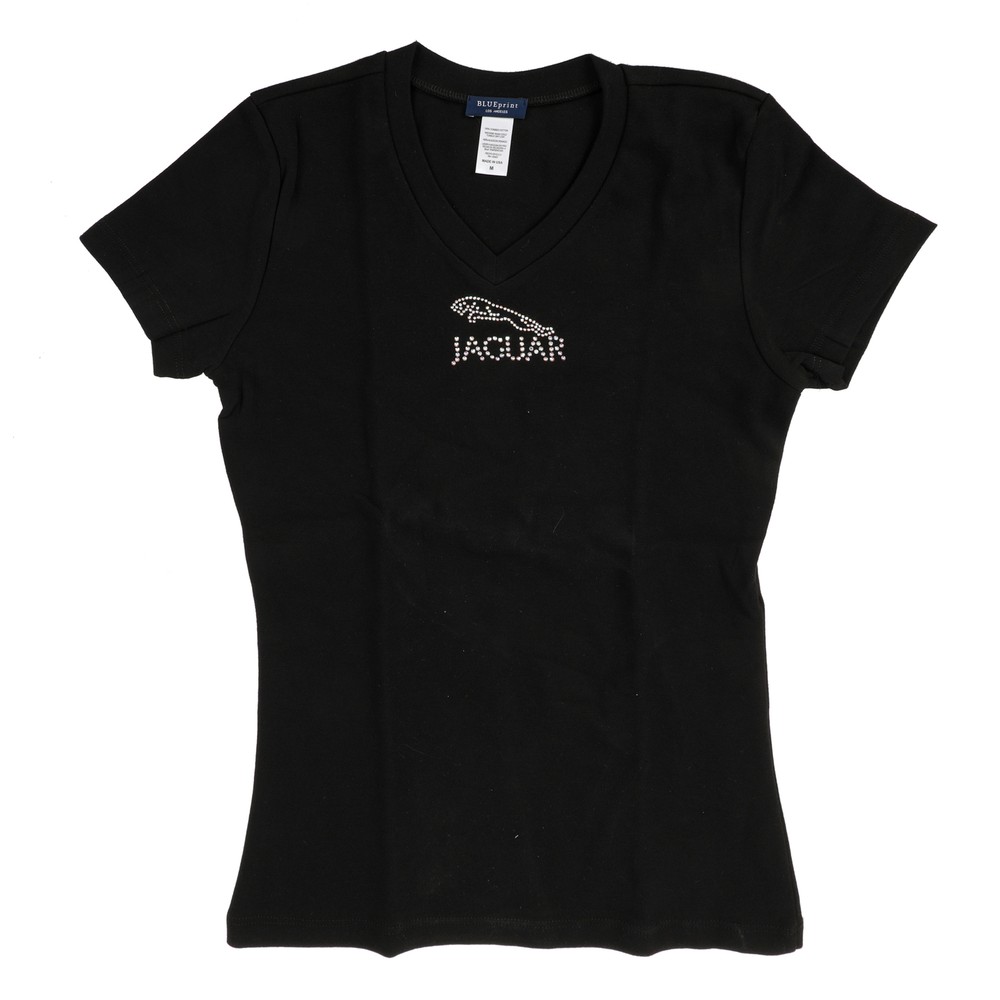 Womens Black Jaguar Studded V-Neck Tee Shirt Medium