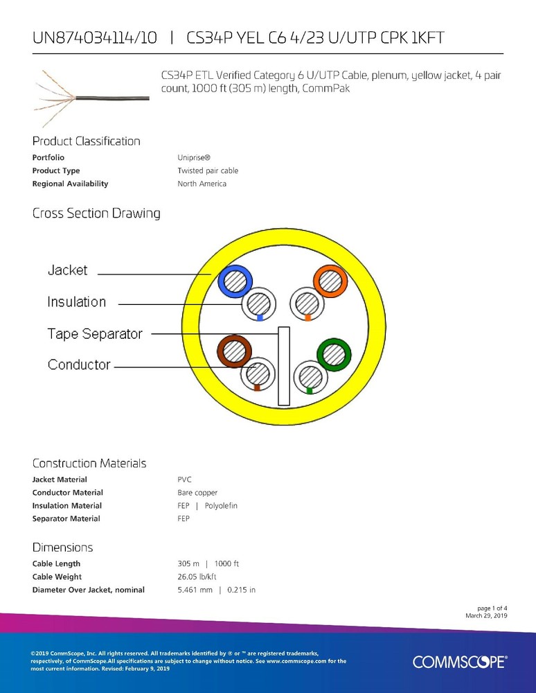 Commscope CS34P 23/4P Cat6 U/UTP WebTrak Plenum CMP Network Cable Yellow /100ft